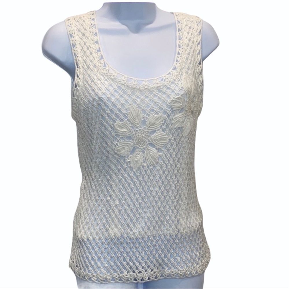 Colette Mordo White Crochet Tank Top Lined Size M